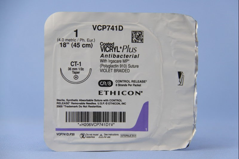 Absorbable Antibacterial Suture with Needle Coated Vicryl™ Plus Polyglactin 910 CT-1 1/2 Circle Taper Point Needle Size 1 Braided - BeHope