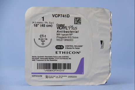 Absorbable Antibacterial Suture with Needle Coated Vicryl™ Plus Polyglactin 910 CT-1 1/2 Circle Taper Point Needle Size 1 Braided - BeHope