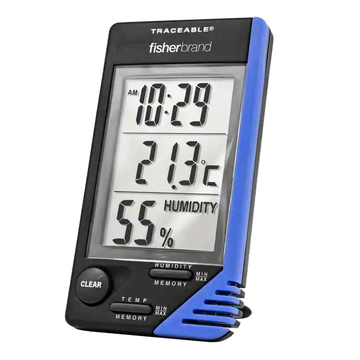 Thermometer / Clock / Humidity Monitor Fisherbrand™ Traceable® Fahrenheit / Celsius 32° to 122°F (0° to 50°C) Internal Sensor Flip-out Stand / Wall Mount Battery Operated - BeHope