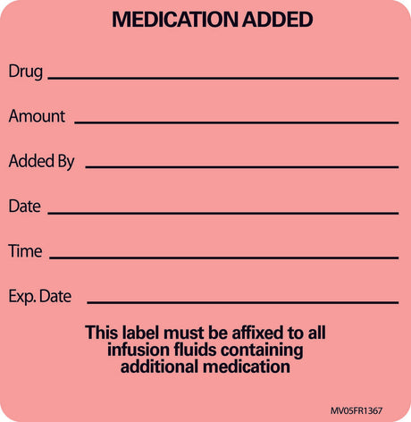 Pre-Printed Label MedVision® Auxiliary Label Fluorescent Red Paper MEDICATION ADDED NAME____ ROOM NO.__ DATE__ Amount_Added by_Date_Time_Exp Date_ Black Medication Instruction 2-1/2 X 2-7/16 Inch - BeHope