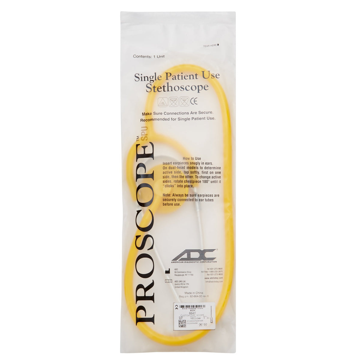 Disposable Stethoscope Proscope™ 664 Yellow 1-Tube 22 Inch Tube Single Sided Chestpiece - BeHope