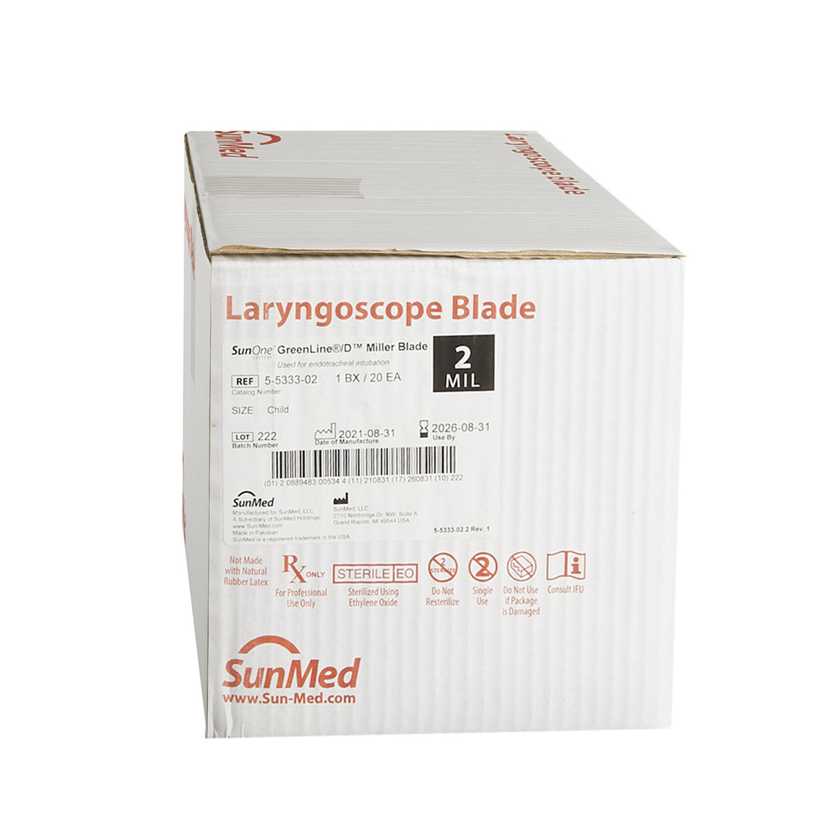 Laryngoscope Blade GreenLine® Miller Type Fiberoptic Light Child Sterile - BeHope
