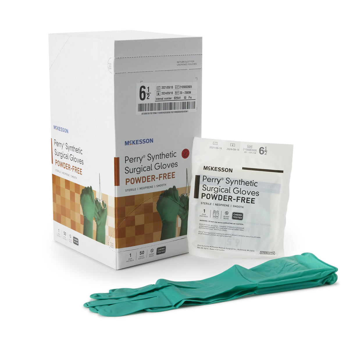 Surgical Glove McKesson Perry® Performance Plus Size 6.5 Sterile Polychloroprene Standard Cuff Length Smooth Dark Green Chemo Tested - BeHope