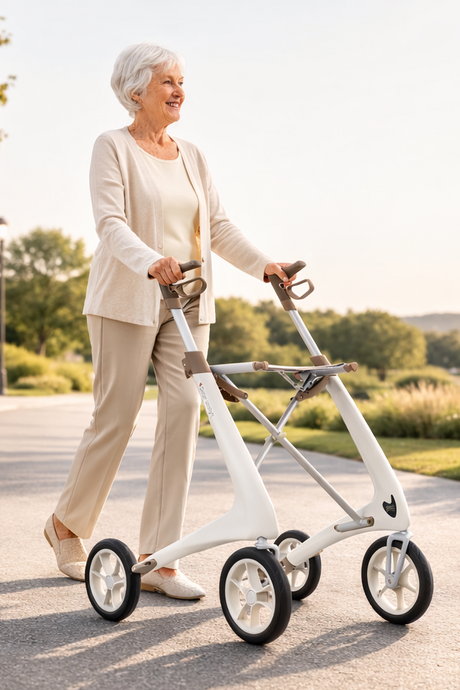 Woman pushing a white mobility scooter outdoors on a sunny day.