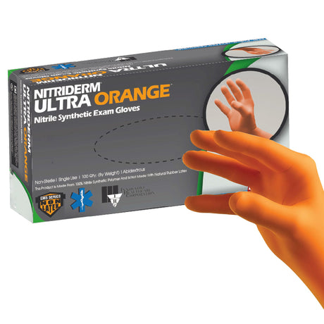 Exam Glove NitriDerm® Ultra Orange™ 2X-Large NonSterile Nitrile Standard Cuff Length Fully Textured Orange Chemo Tested / Fentanyl Tested - BeHope