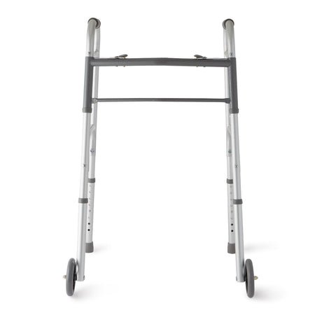 Dual Release Folding Walker with Wheels Adjustable Height Medline Aluminum Frame 300 lbs. Weight Capacity 32-1/2 to 38-1/2 Inch Height - BeHope