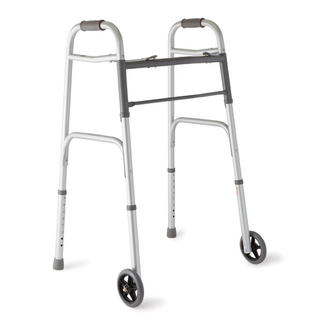 Dual Release Folding Walker with Wheels Adjustable Height Medline Aluminum Frame 300 lbs. Weight Capacity 32-1/2 to 38-1/2 Inch Height - BeHope
