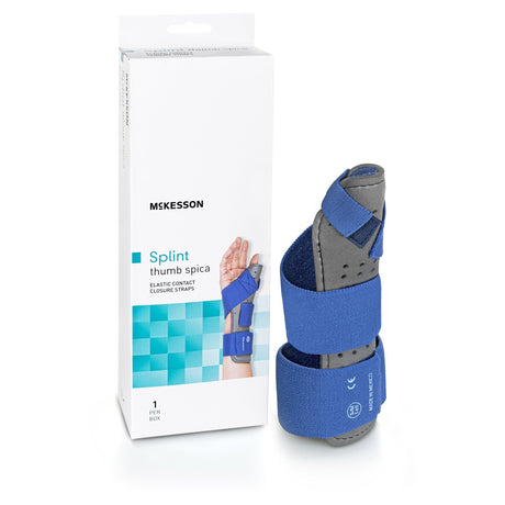 Wrist Splint with Thumb Spica McKesson Thumb Spica Nylon / Cotton-Terry / Foam / Elastic / Spandex Left Hand Blue / Gray Small / Medium - BeHope