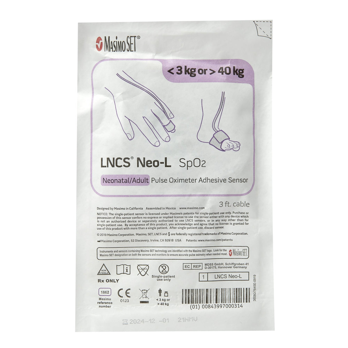 SpO2 Sensor Lncs® Finger Adult / Infant / Pediatric Single Patient Use 3 Foot Cord - BeHope