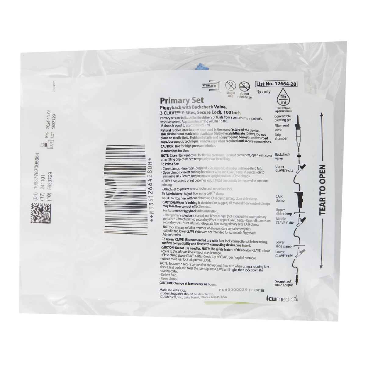 Primary IV Administration Set LifeShield® Gravity 3 Ports 15 Drops / mL Drip Rate Without Filter 100 Inch Tubing Solution - BeHope