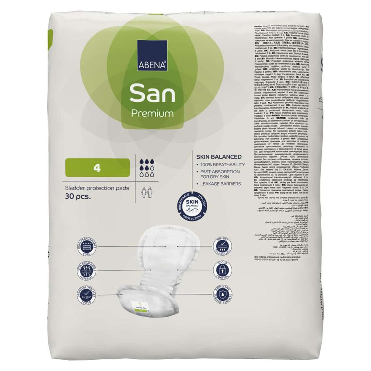 Bladder Control Pad Abena® San Premium 7.8 X 16.5 Inch Moderate Absorbency Fluff / Polymer Core Size 4 - BeHope