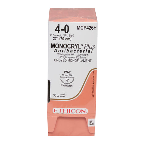 Absorbable Antibacterial Suture with Needle Monocryl™ Plus Poliglecaprone 25 with Irgacare MP Antibacterial Suture PS-2 3/8 Circle Precision Reverse Cutting Needle Size 4-0 Monofilament - BeHope