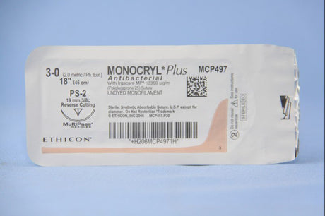 Absorbable Antibacterial Suture with Needle Monocryl™ Plus Poliglecaprone 25 with Irgacare MP Antibacterial Suture PS-2 3/8 Circle Precision Reverse Cutting Needle Size 3-0 Monofilament - BeHope