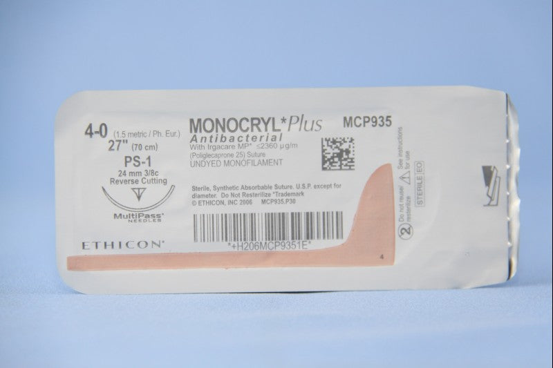 Absorbable Antibacterial Suture with Needle Monocryl™ Plus Poliglecaprone 25 with Irgacare MP Antibacterial Suture PS-1 3/8 Circle Reverse Cutting Needle Size 4-0 Monofilament - BeHope