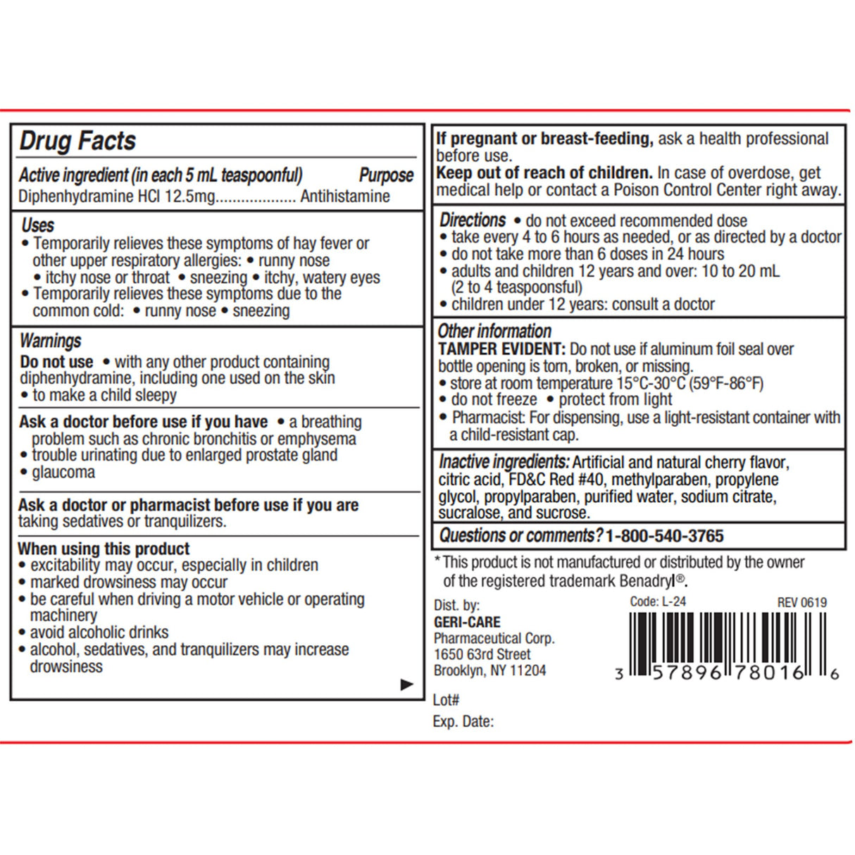 Allergy Relief Geri-Care® 12.5 mg / 5 mL Strength Liquid 16 oz. - BeHope