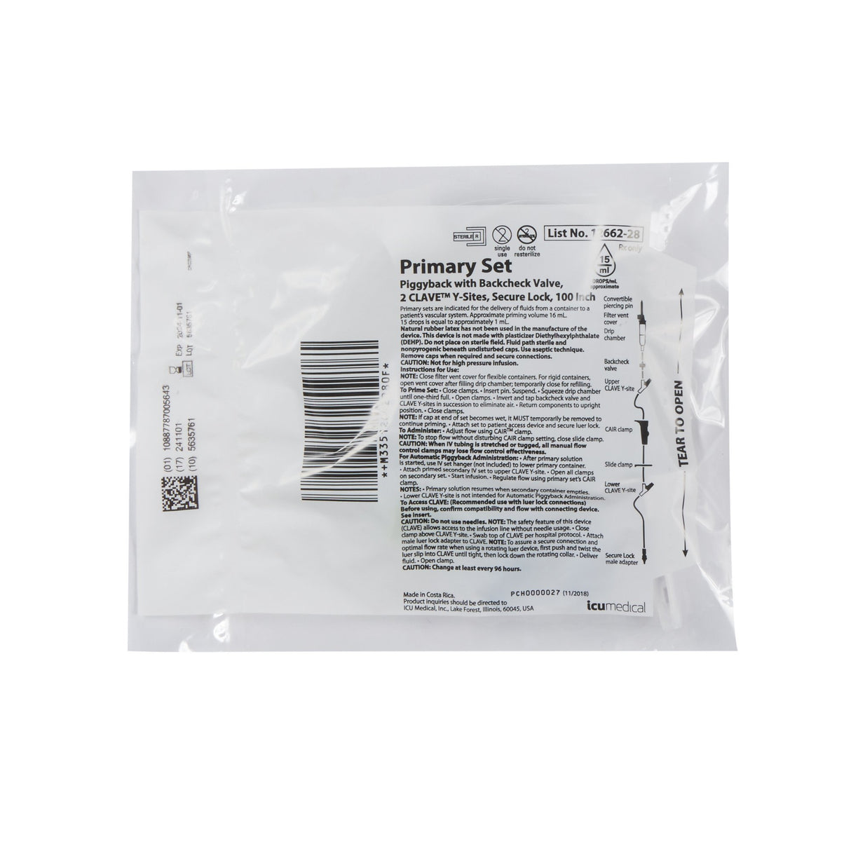 Primary IV Administration Set LifeShield® Gravity 2 Ports 15 Drops / mL Drip Rate Without Filter 100 Inch Tubing Solution Without Flow Regulator - BeHope