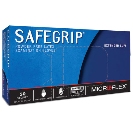 Exam Glove SafeGrip® Medium NonSterile Latex Extended Cuff Length Textured Fingertips Blue Chemo Tested - BeHope