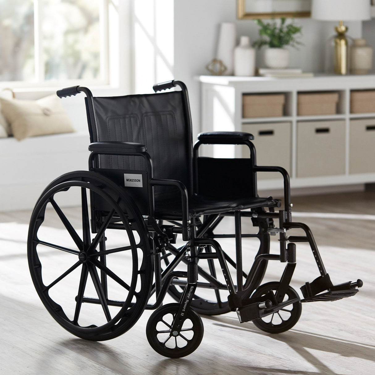 Wheelchair McKesson Dual Axle Desk Length Arm Swing-Away Footrest Black Upholstery 20 Inch Seat Width Adult 350 lbs. Weight Capacity - BeHope