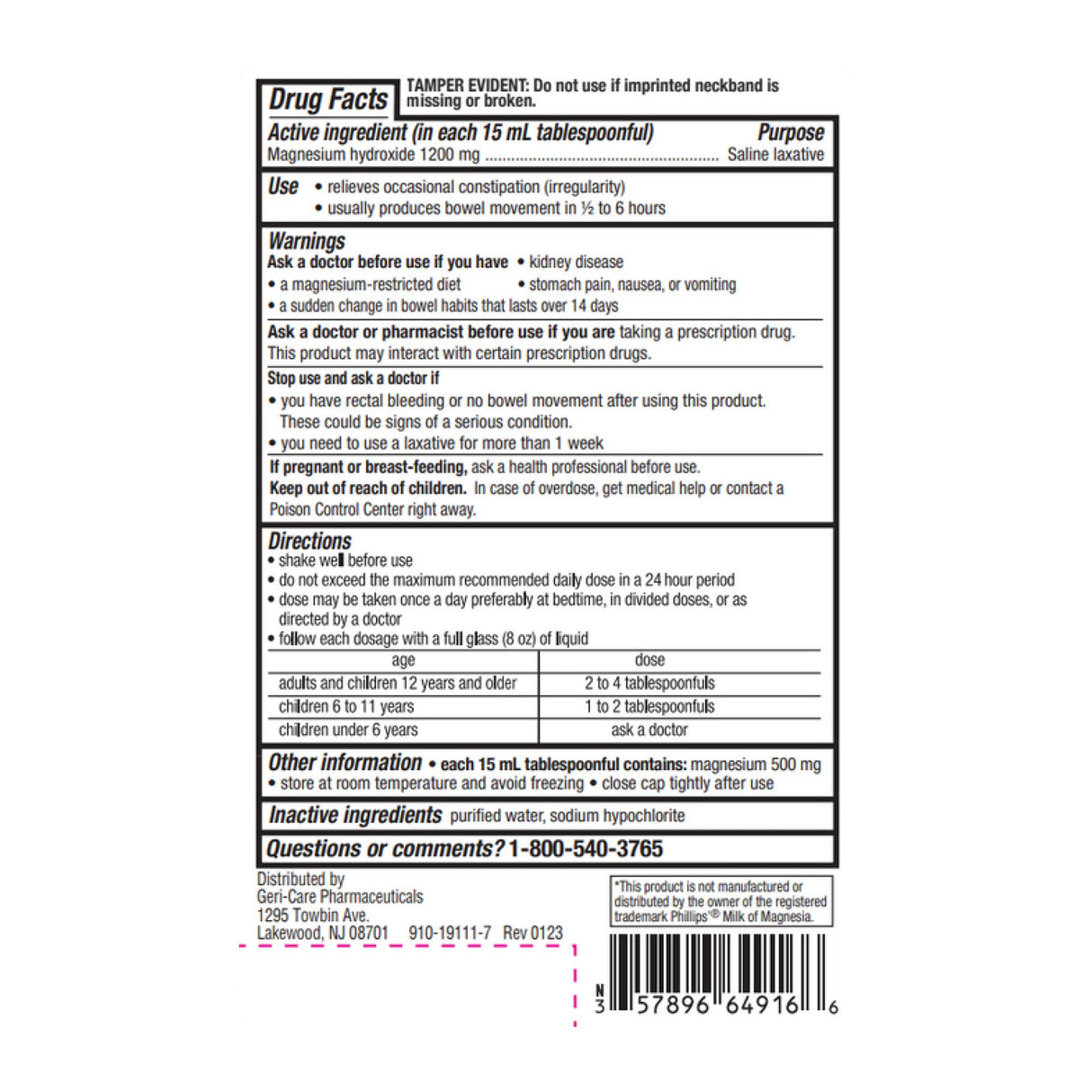 Laxative Geri-Care® Original Flavor Oral Suspension 16 oz. 400 mg / 5 mL Strength Magnesium Hydroxide - BeHope