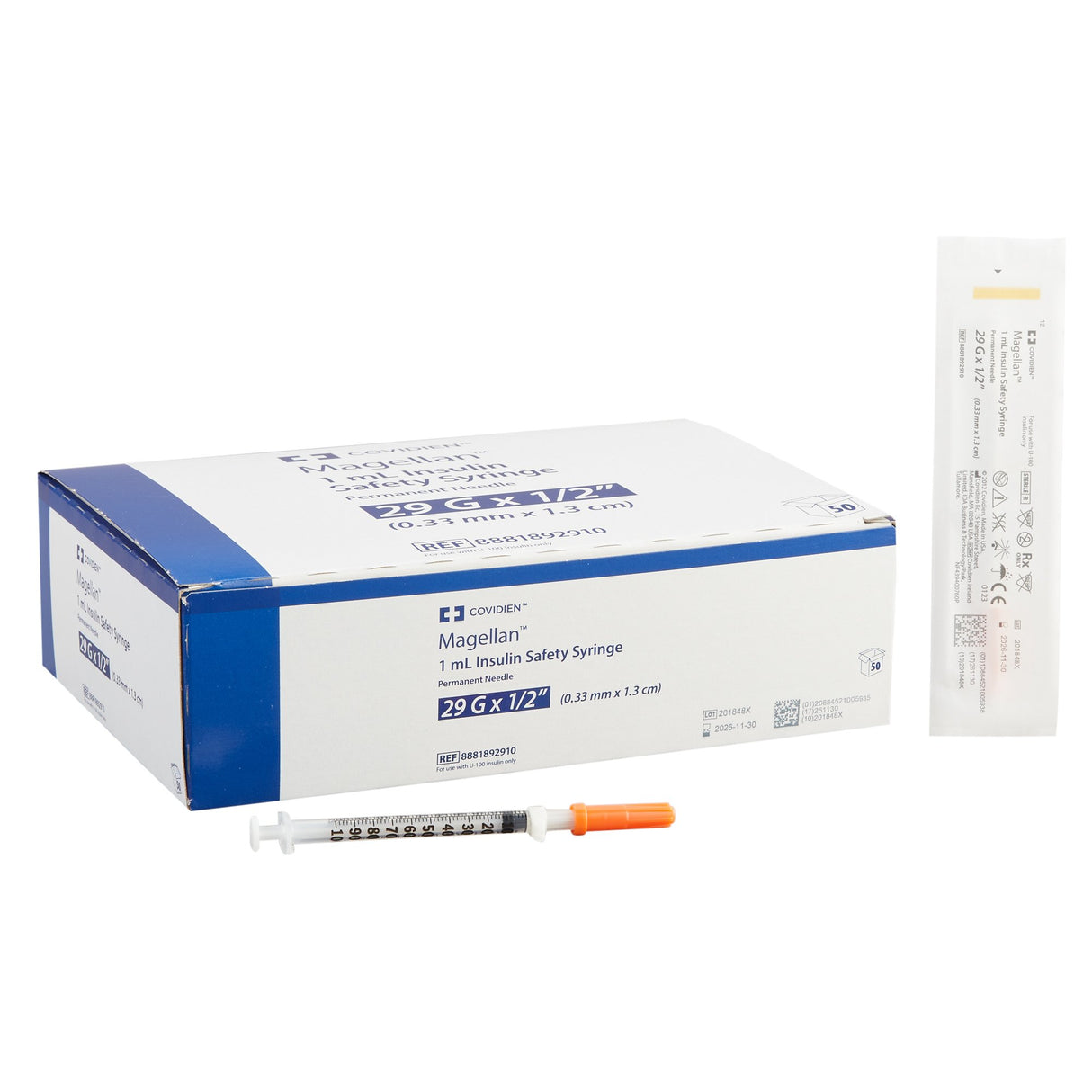 Safety Insulin Syringe with Needle Magellan™ 1 mL 1/2 Inch 29 Gauge Sliding Safety Needle Regular Wall - BeHope