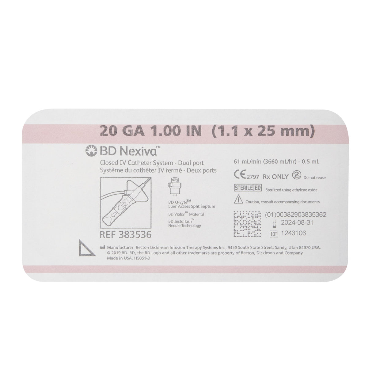 Closed IV Catheter Nexiva™ 20 Gauge 1 Inch Vialon Biomaterial Winged Hub Blood Control - BeHope
