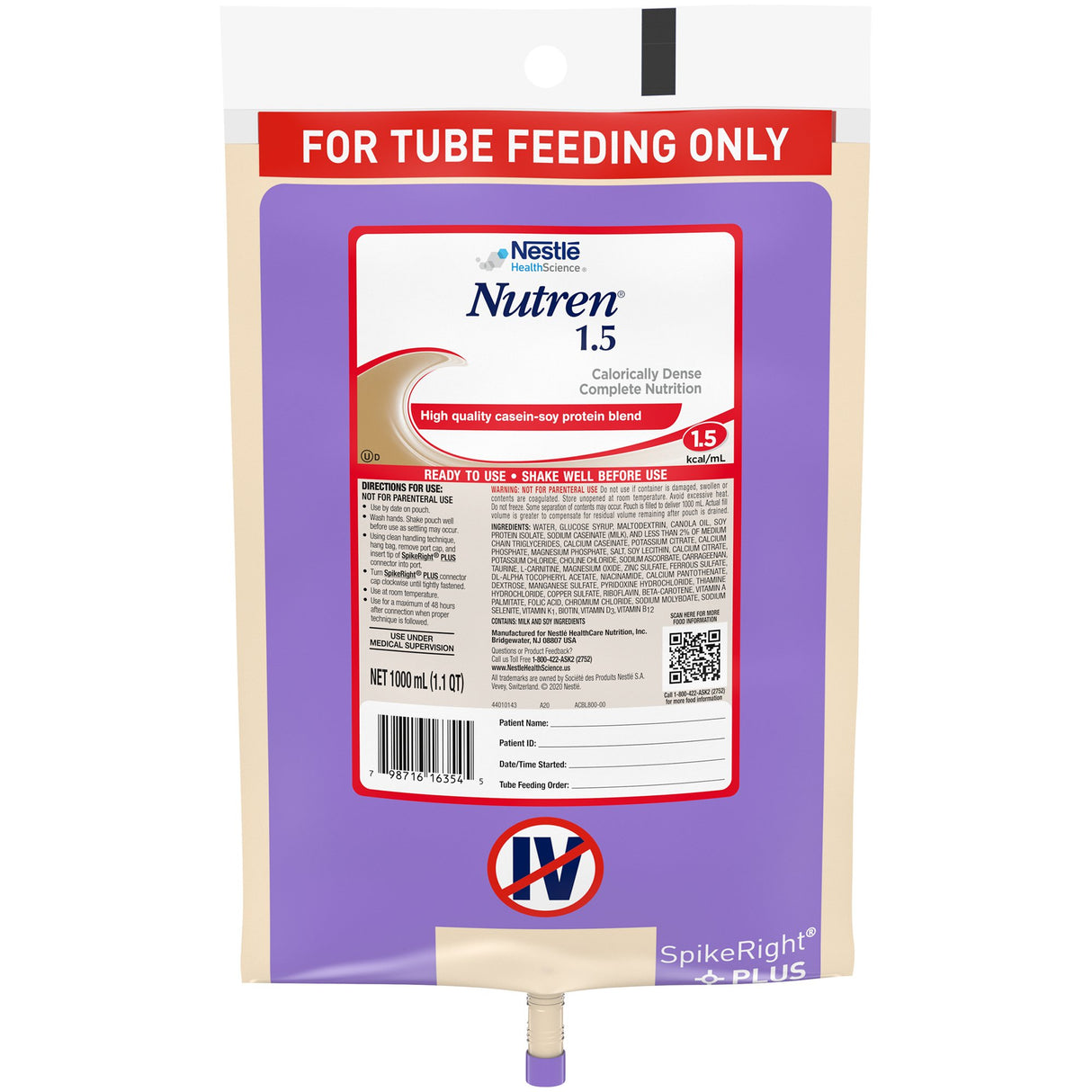 Tube Feeding Formula Nutren® 1.5 Unflavored Liquid 1000 mL Ready to Hang Prefilled Container - BeHope