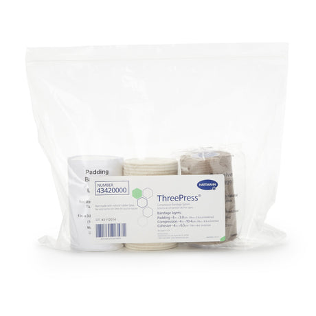 3 Layer Compression Bandage System ThreePress® 4 Inch X 3-3/10 Yard, 4 Inch X 9-3/5 Yard, 4 Inch X 6-1/2 Yard Self-Adherent Closure Tan / White NonSterile 35 to 40 mmHg - BeHope