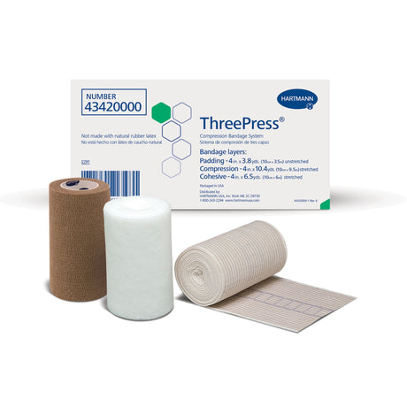 3 Layer Compression Bandage System ThreePress® 4 Inch X 3-3/10 Yard, 4 Inch X 9-3/5 Yard, 4 Inch X 6-1/2 Yard Self-Adherent Closure Tan / White NonSterile 35 to 40 mmHg - BeHope