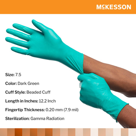 Surgical Glove McKesson Perry® Performance Plus Size 7.5 Sterile Polychloroprene Standard Cuff Length Smooth Dark Green Chemo Tested - BeHope