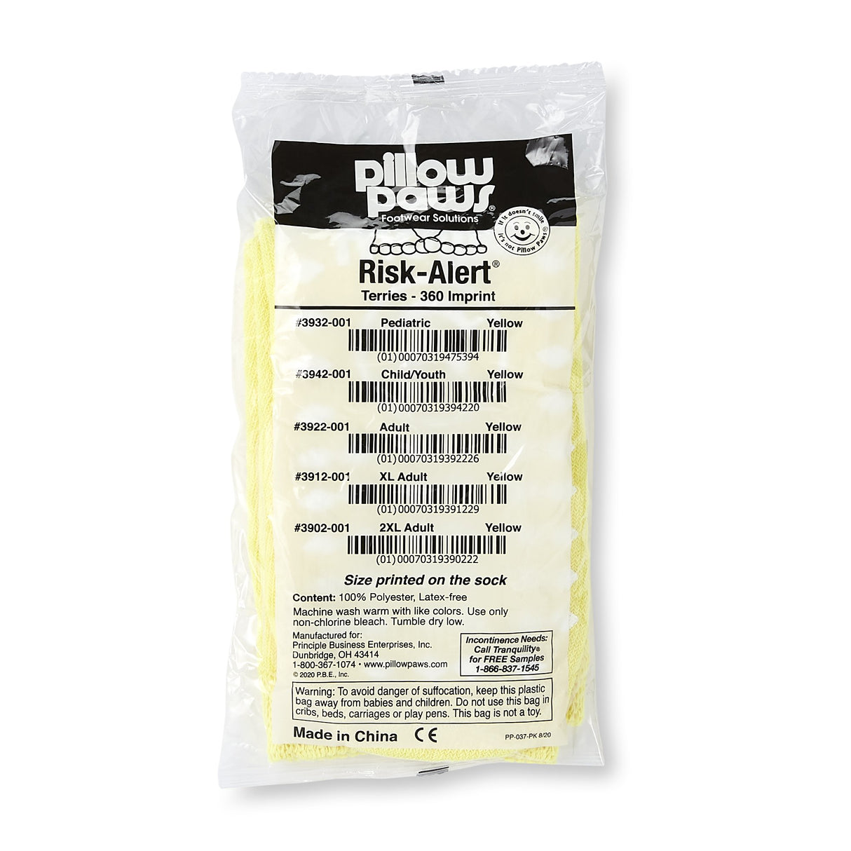 Slipper Socks Pillow Paws® Risk Alert® Terries™ Unisex Adult X-Large All Around Tread Single Patient Use Yellow - BeHope