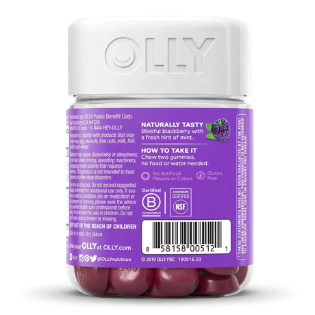 Dietary Supplement OLLY® Sleep L-Theanine / Melatonin / Botanicals 100 mg - 3 mg - 16 to 17 mg Strength Gummy 50 per Bottle Blackberry Zen Flavor - BeHope