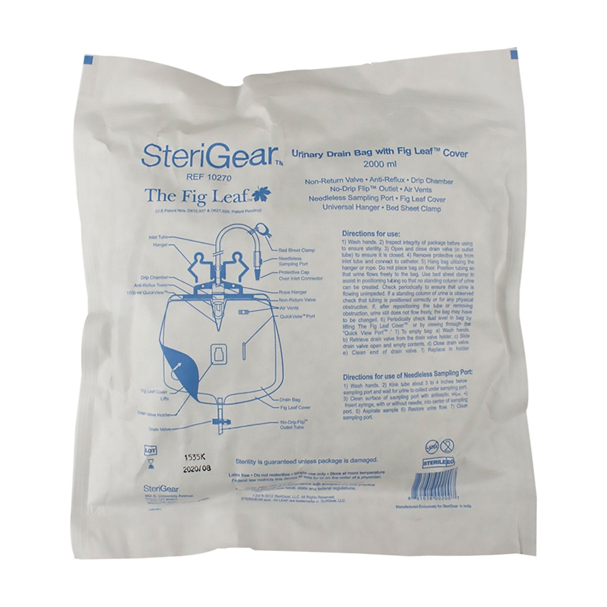 Urinary Drain Bag The Fig Leaf™ Anti-Reflux Valve Sterile 2,000 mL Vinyl - BeHope