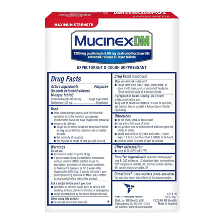 Cold Cough Relief Mucinex DM Maximum Strength 12 Hour Tablets - BeHope
