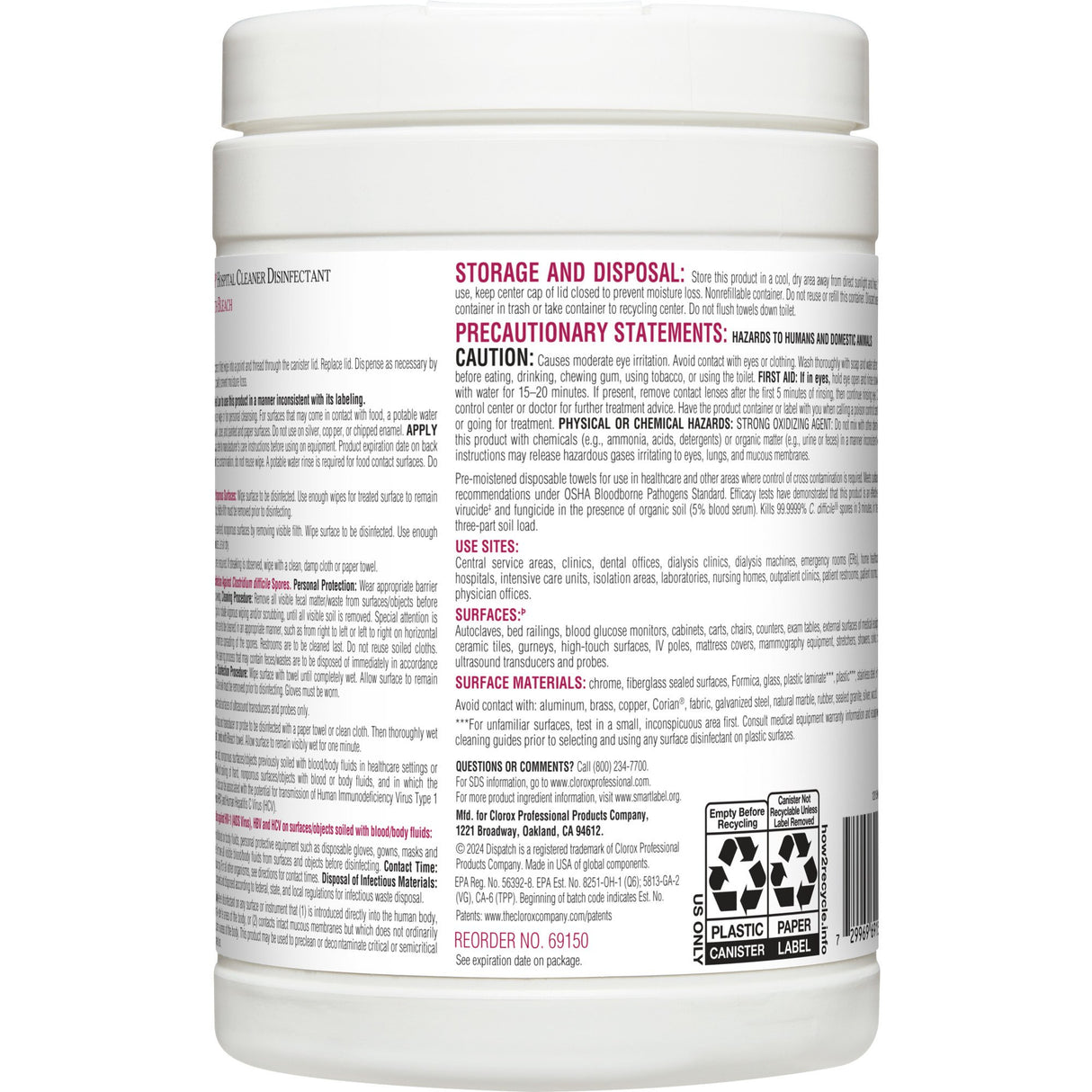 Surface Disinfectant Cleaner Dispatch® with Bleach Premoistened Manual Pull Wipe 150 Count Canister Fruity Floral Bleach Scent NonSterile - BeHope