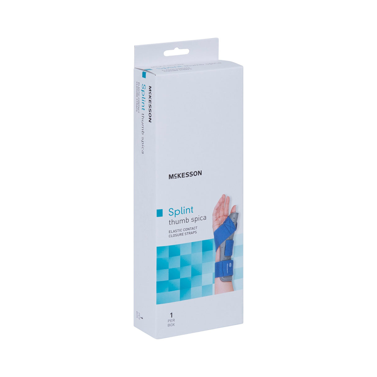 Wrist Brace with Thumb Spica McKesson Palmar Pad Aluminium / Foam / Nylon / Plastic / Polyester Left Hand Blue / Gray Large / X-Large - BeHope