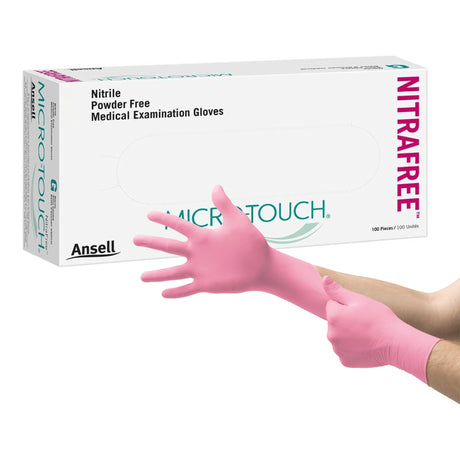 Exam Glove Micro-Touch® NitraFree™ Large NonSterile Nitrile Standard Cuff Length Textured Fingertips Pink Chemo Tested - BeHope
