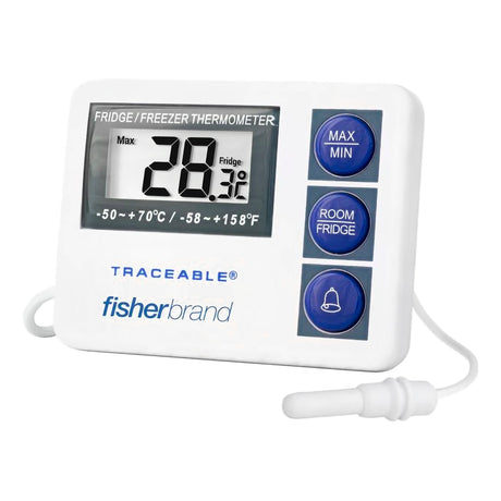 Digital Refrigerator / Freezer Thermometer with Alarm Fisherbrand™ Fahrenheit / Celsius -58° to +158°F (-50° to +70°C) External Probe Flip-out Stand / Wall Mount Battery Operated - BeHope