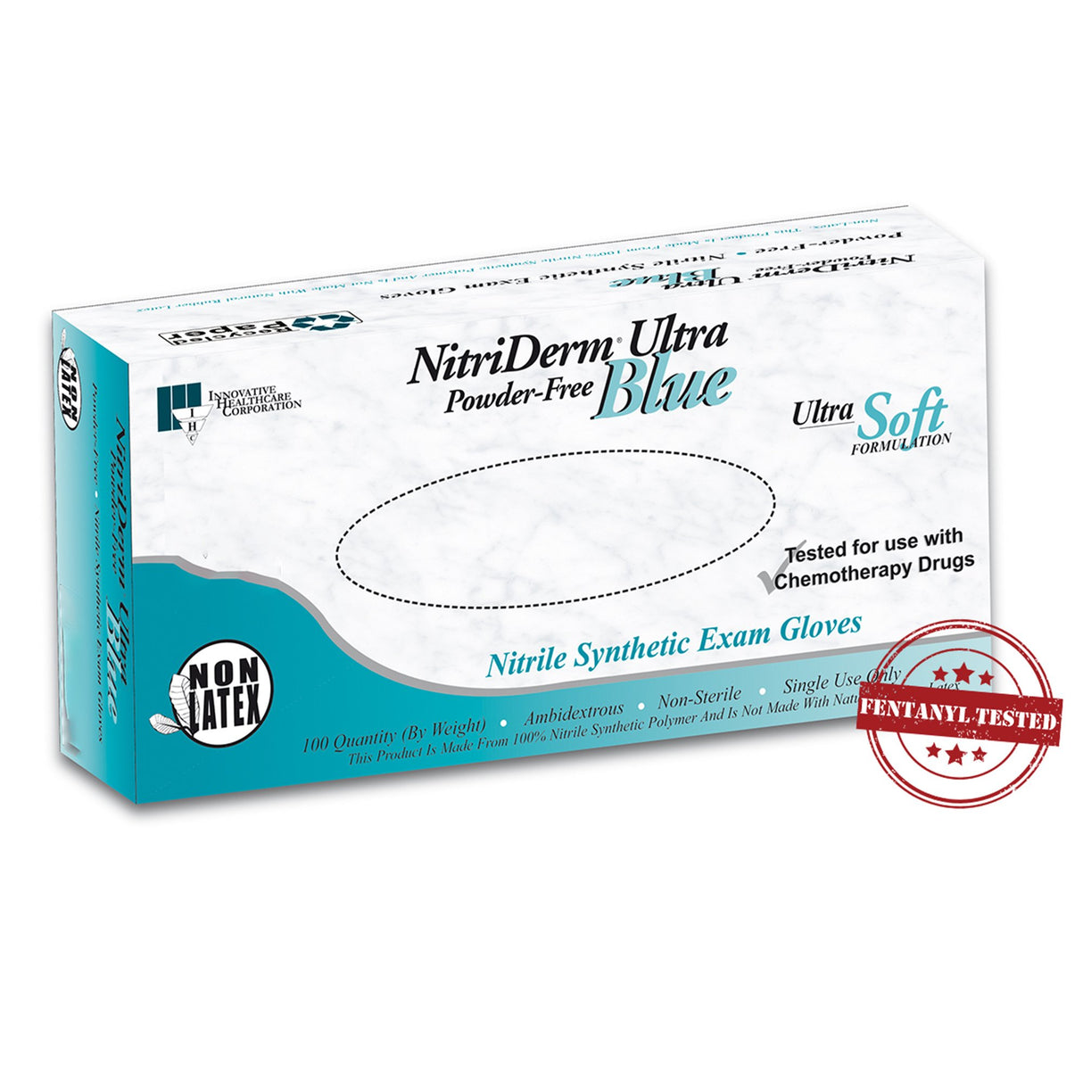 Exam Glove NitriDerm® Ultra Blue Medium NonSterile Nitrile Standard Cuff Length Fully Textured Light Blue Chemo Tested / Fentanyl Tested - BeHope