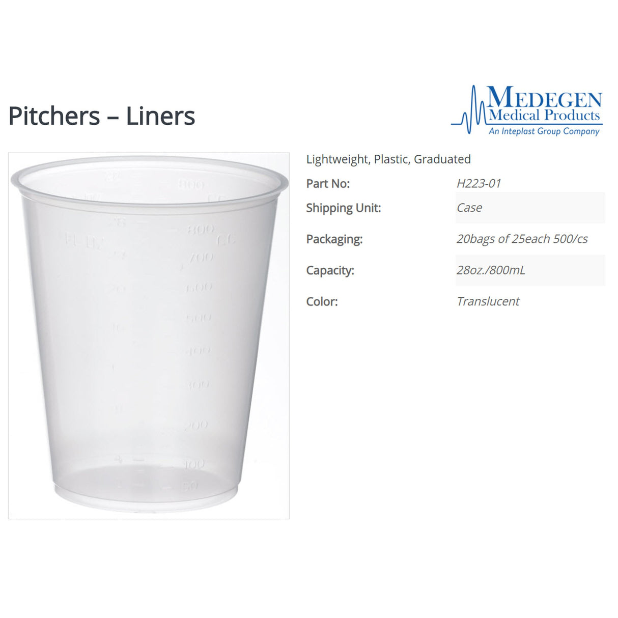 Pitcher Liner Medegen Translucent, Polystyrene, Graduated, 28 oz. - BeHope