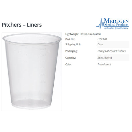 Pitcher Liner Medegen Translucent Polystyrene with Graduated Markings - BeHope
