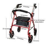 4 Wheel Rollator McKesson Red Adjustable Height / Folding Steel Frame - BeHope