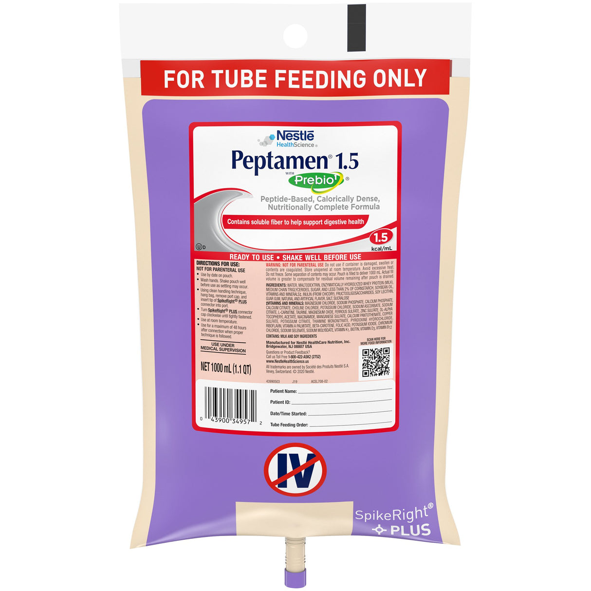 Tube Feeding Formula Peptamen® 1.5 with Prebio 1™ Vanilla Flavor Liquid 1000 mL Ready to Hang Prefilled Container - BeHope