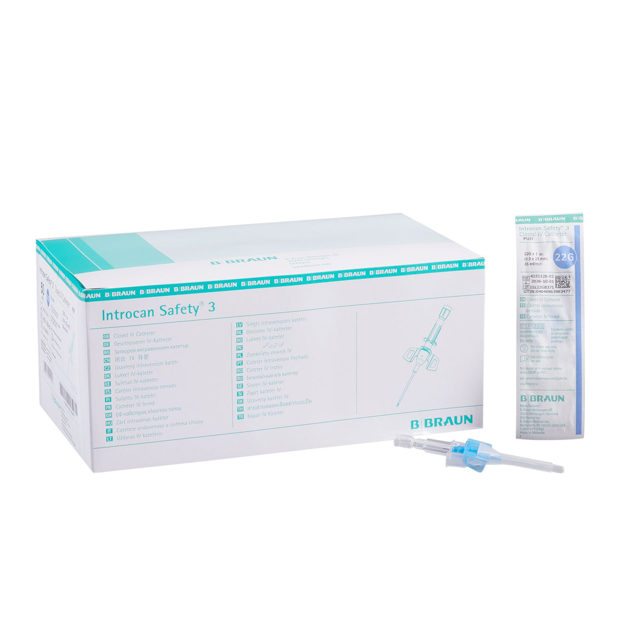 Closed IV Catheter Introcan Safety® 3 22 Gauge 1 Inch Polyurethane Winged Hub Blood Control Passive Safety - BeHope