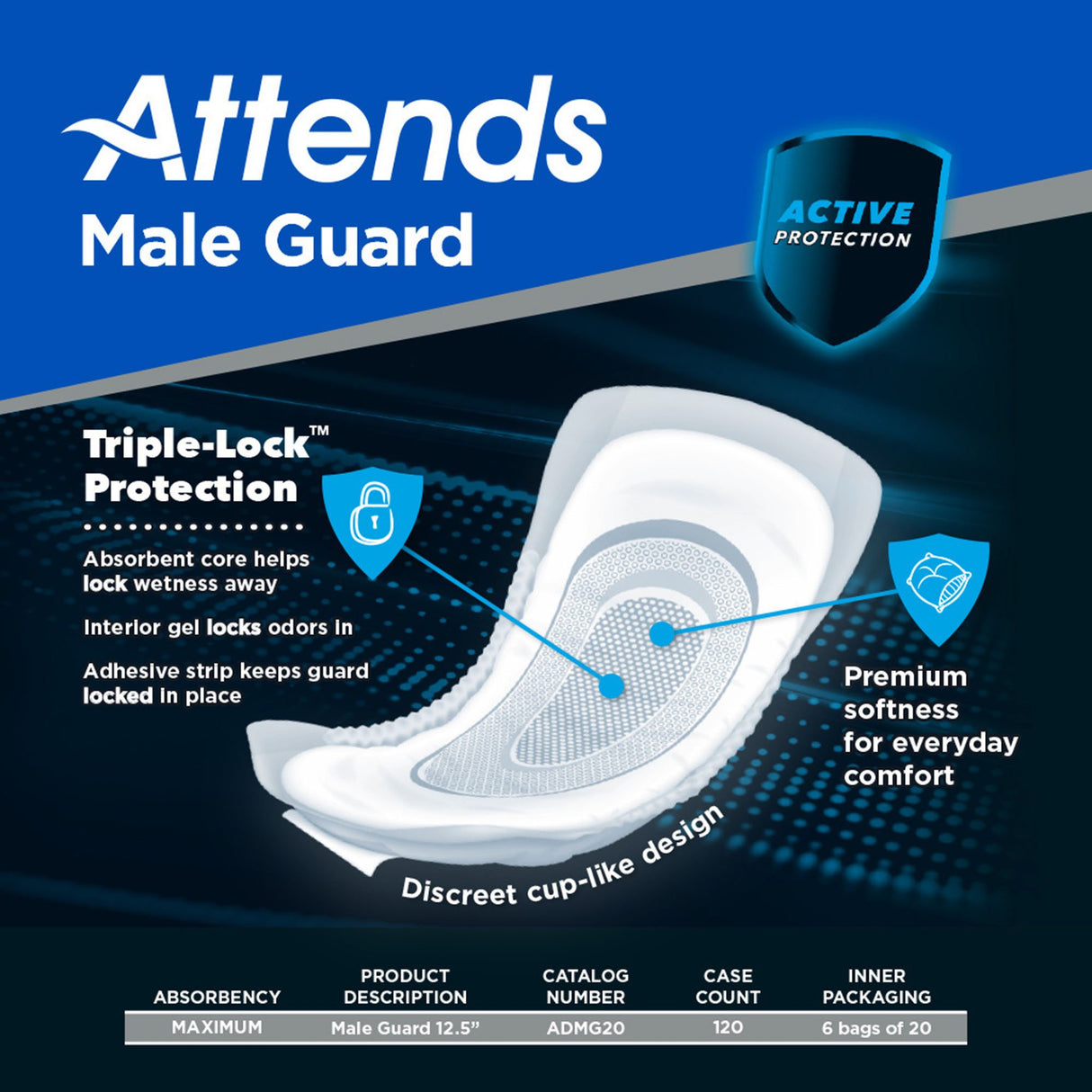 Bladder Control Pad Attends® Male Guard 12-1/2 Inch Length Heavy Absorbency Polymer Core One Size Fits Most - BeHope