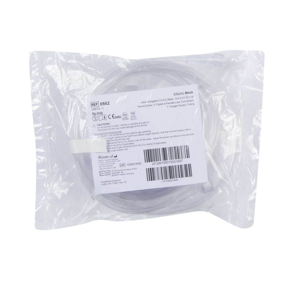 Oxygen Mask with ETCO2 Monitoring Elongated Style Adult One Size Fits Most Adjustable Head Strap - BeHope