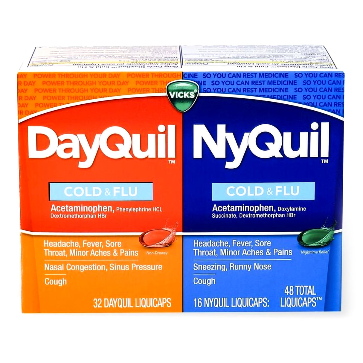 Cold and Cough Relief DayQuil® Nyquil® Combo Pack 325 mg - 10 mg - 5 mg Strength and 325 mg - 15 mg - 6.25 mg Strength Gelcap 48 per Box - BeHope