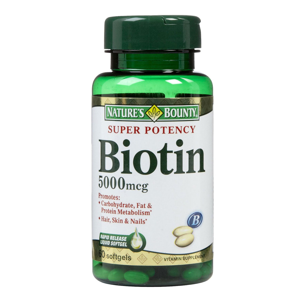 Biotin Supplement Nature's Bounty® Vitamin B7 5,000 mcg Strength Softgel 72 per Bottle - BeHope