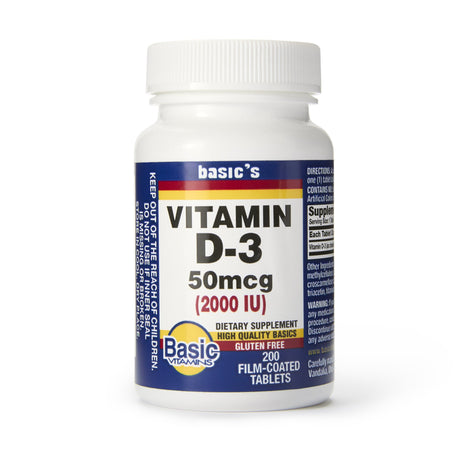 Dietary Supplement Basic's Vitamin D3 2,000 IU Strength Tablet 200 per Bottle - BeHope