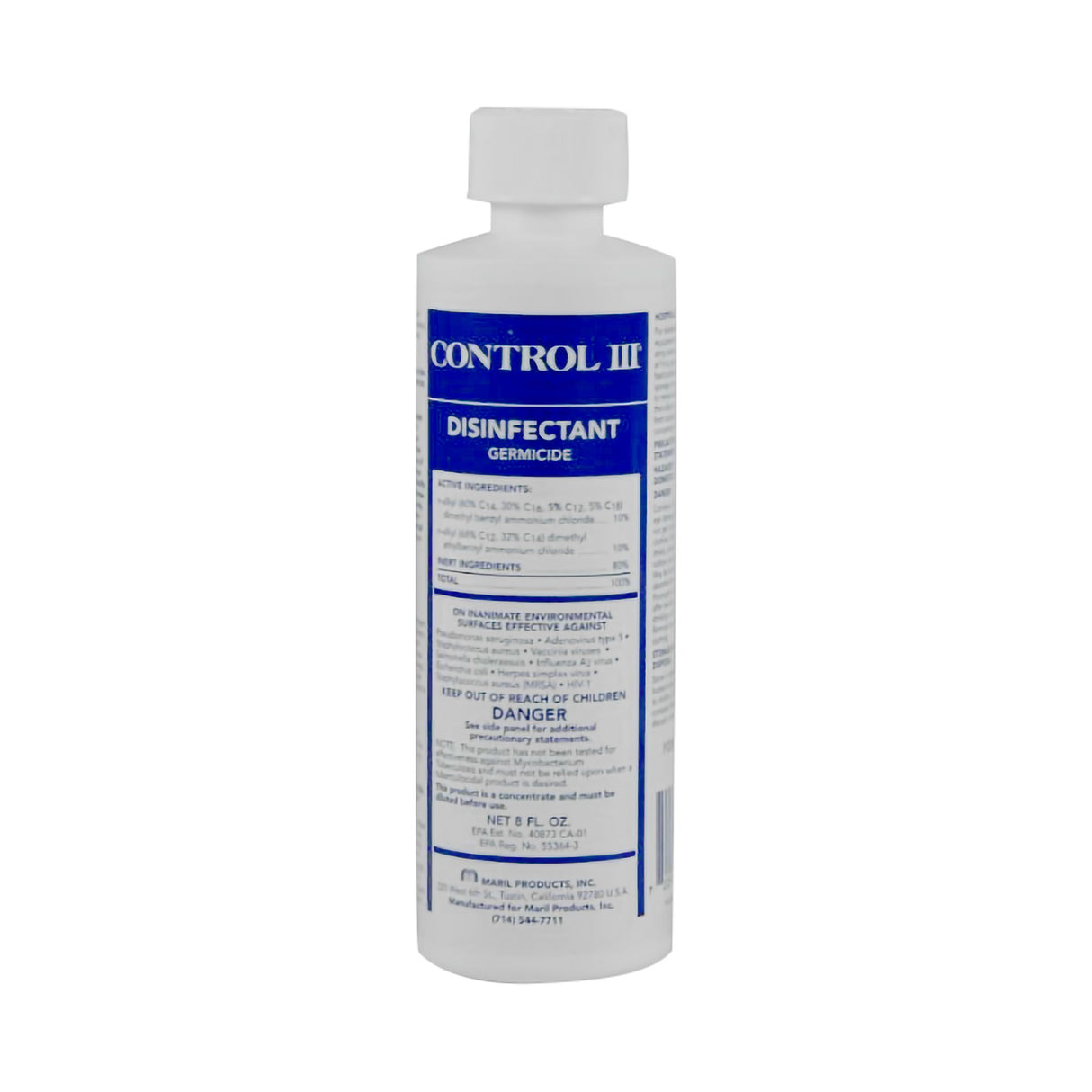 Surface Disinfectant Cleaner Control III® Disinfectant Germicide Quaternary Based Manual Pour Liquid Concentrate 8 oz. Bottle Benzaldehyde Scent NonSterile - BeHope