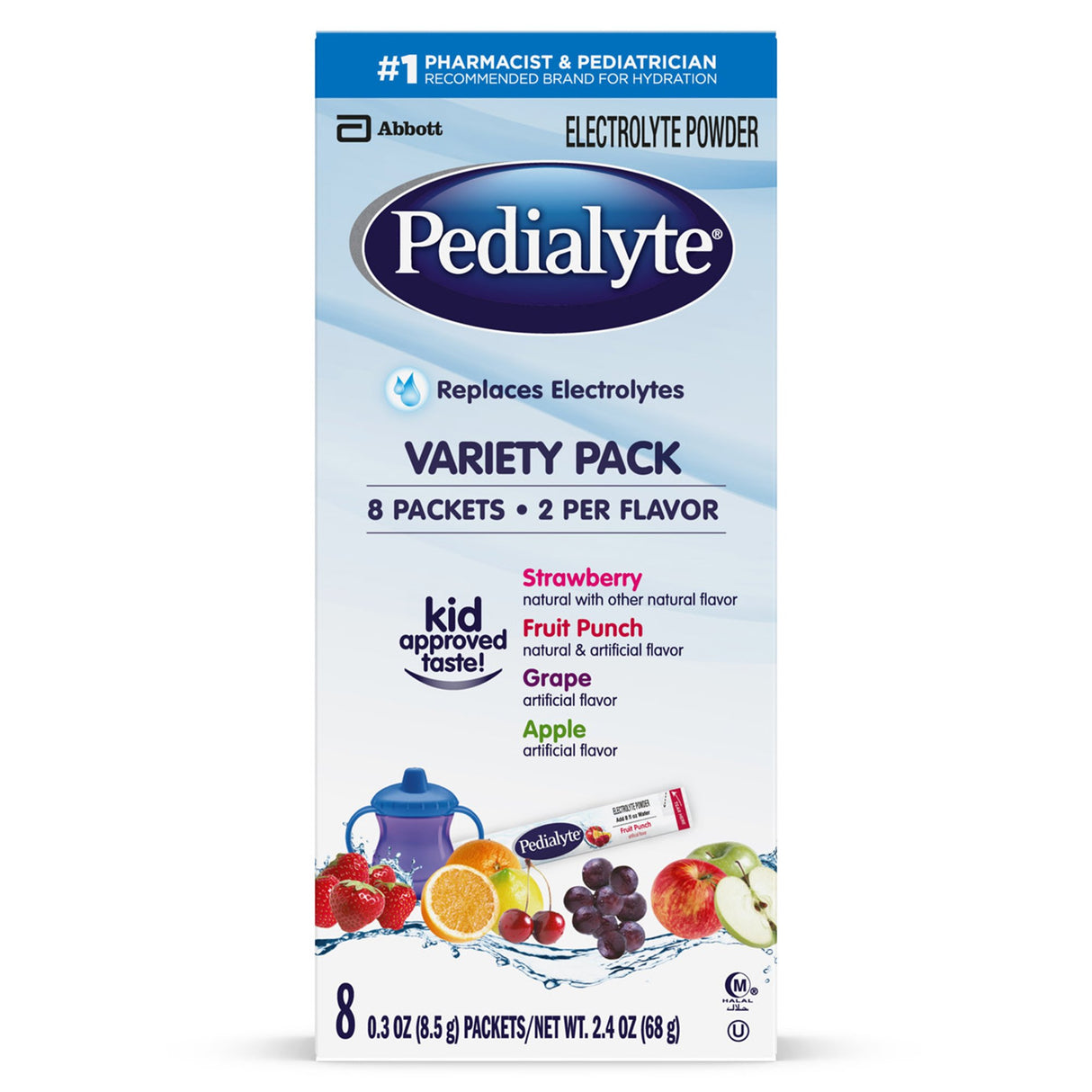 Oral Electrolyte Solution Pedialyte® Powder Packs Fruit Punch / Grape / Apple / Strawberry Flavor 0.3 oz. - BeHope